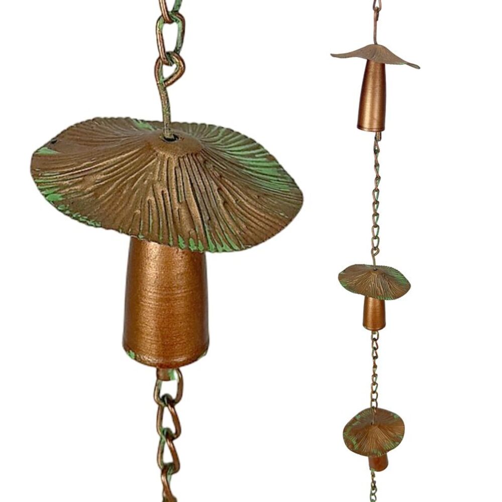 Mushroom Rain Chain 84 Inch Copper Verdigris Metal Hanging Garden Decor
